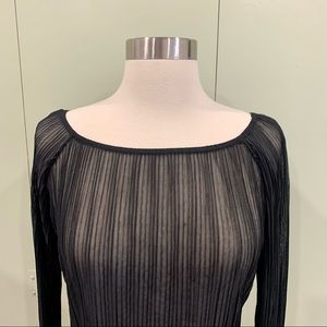 Vintage Y2K Black Sheer Long Sleeve Blouse with Open Tie and Lettuce Hem Sz Med